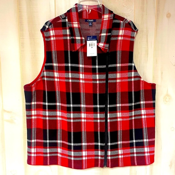Chaps Jackets & Blazers - NWT Chaps Red Black White Plaid Asymmetrical Zip Cotton Vest Jacket, Sz 3X
